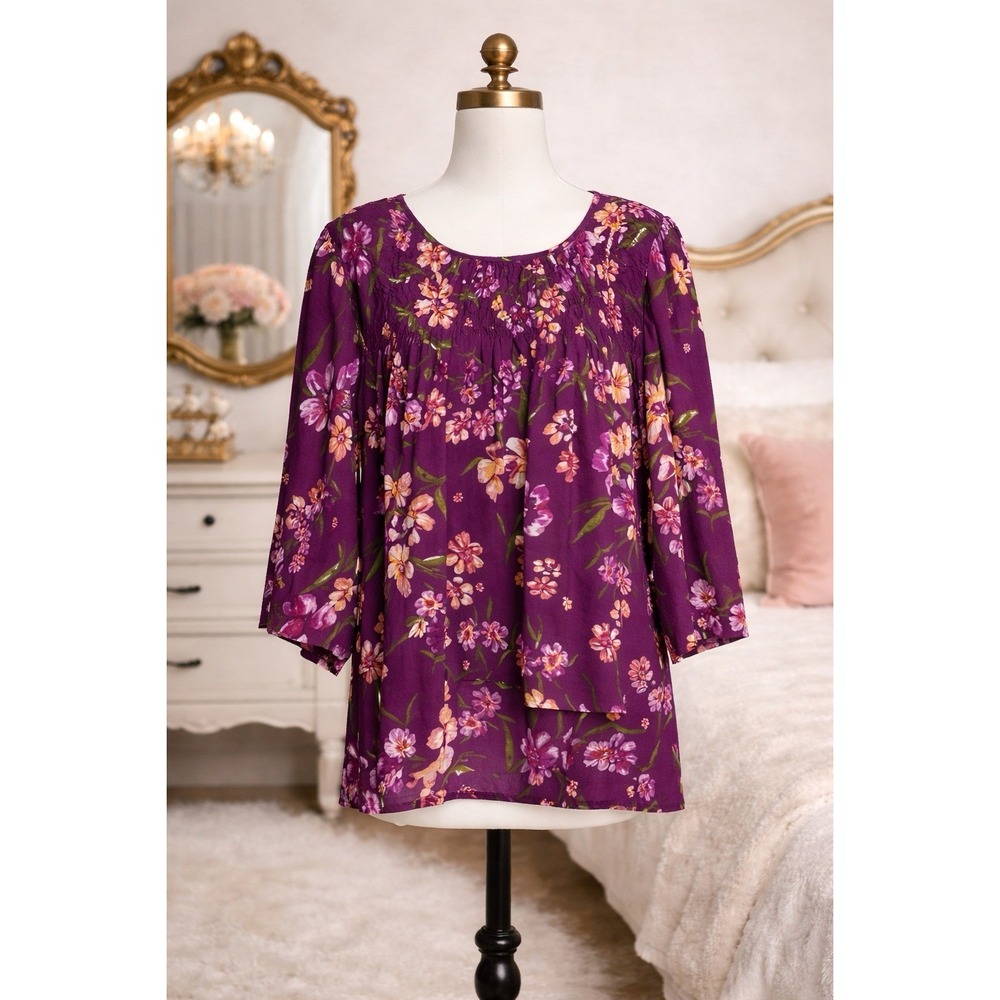 Woman Within Popover Top Magenta Purple Floral Pintucked 3/4 Sleeve Swing 1X
